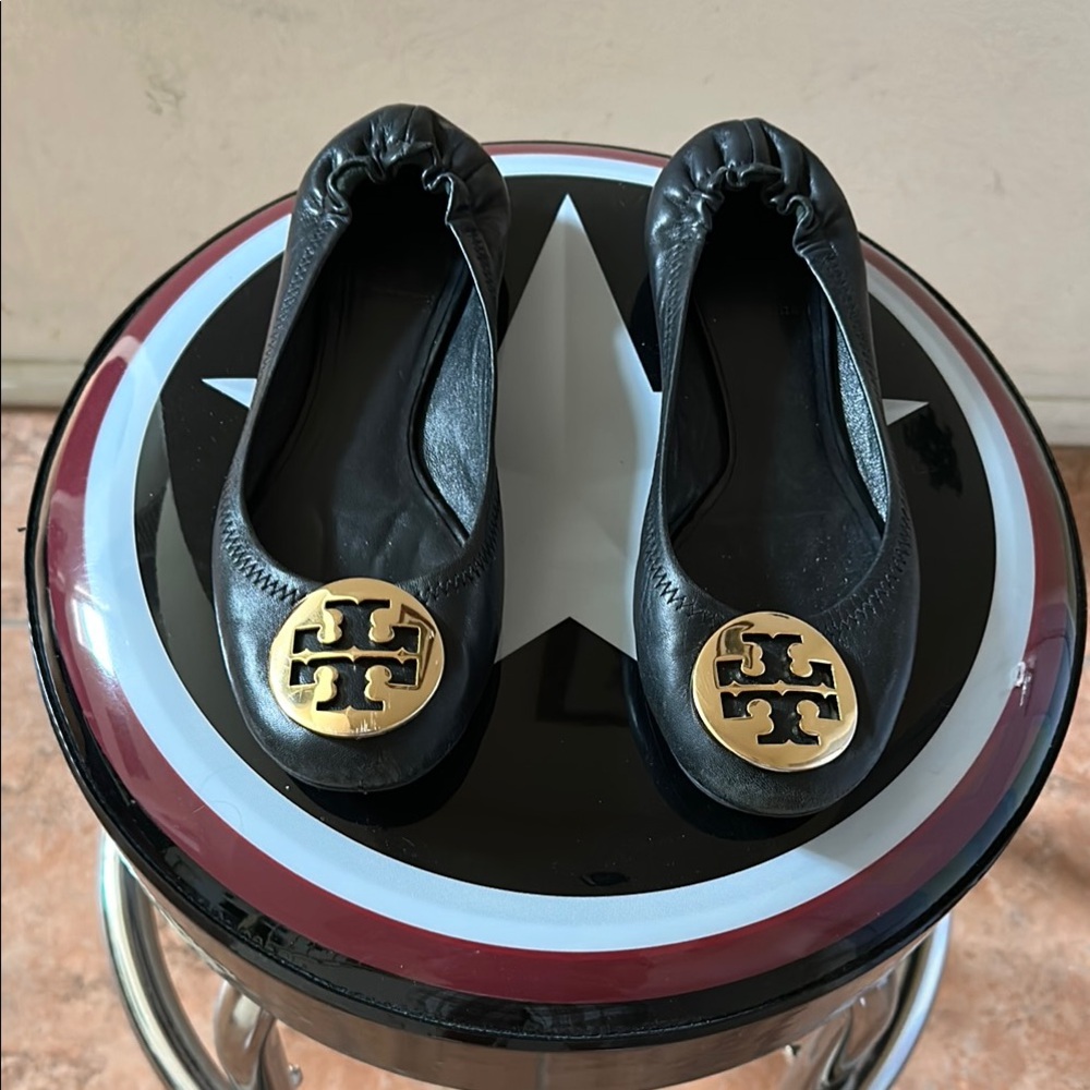 Tory Burch Black Ballet Flats with Gold Logo